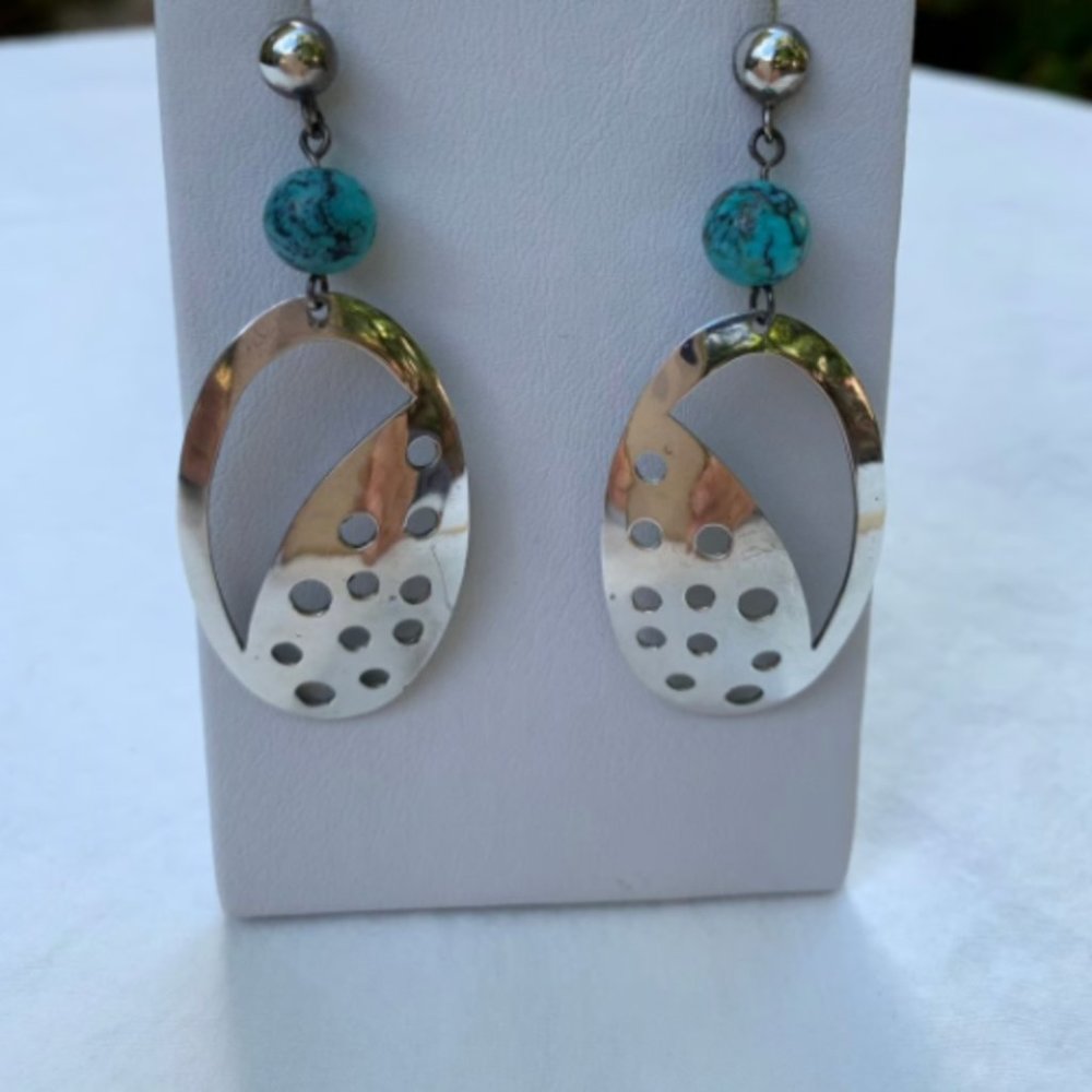 Vintage Sterling Silver Turquoise  Cut Out Dangle Earrings